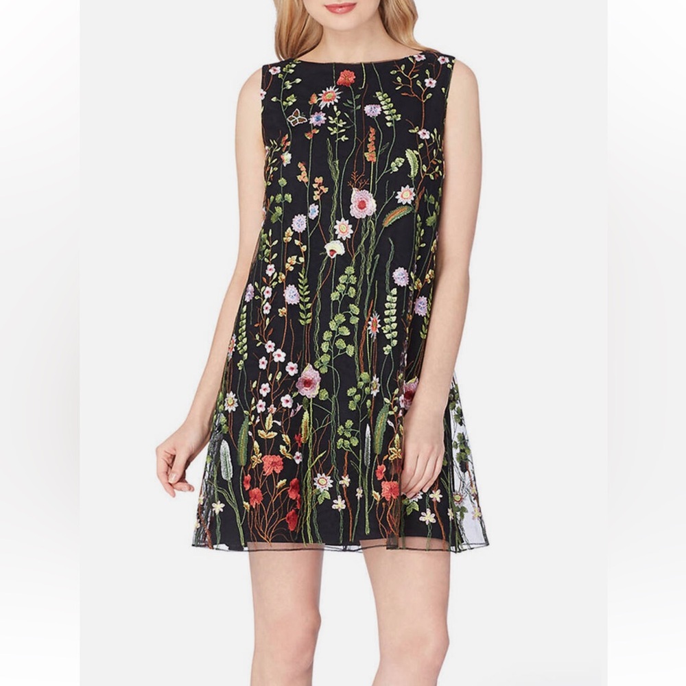 Tabari Black Mini Dress Floral Embroidered Shift Party Ethereal SZ 4 EUC